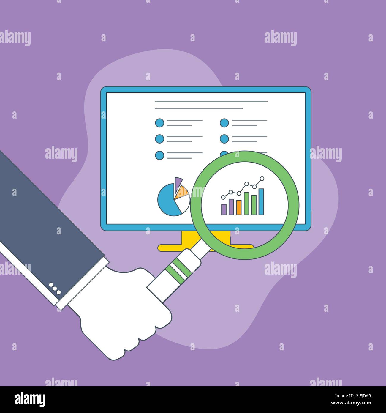 Geschäftsmann Hand mit Lupe über Karte im Computer-Bildschirm. Geschäftsanalyse, Rechnungslegung und Geschäftsfinanzbericht Konzept. Stock Vektor