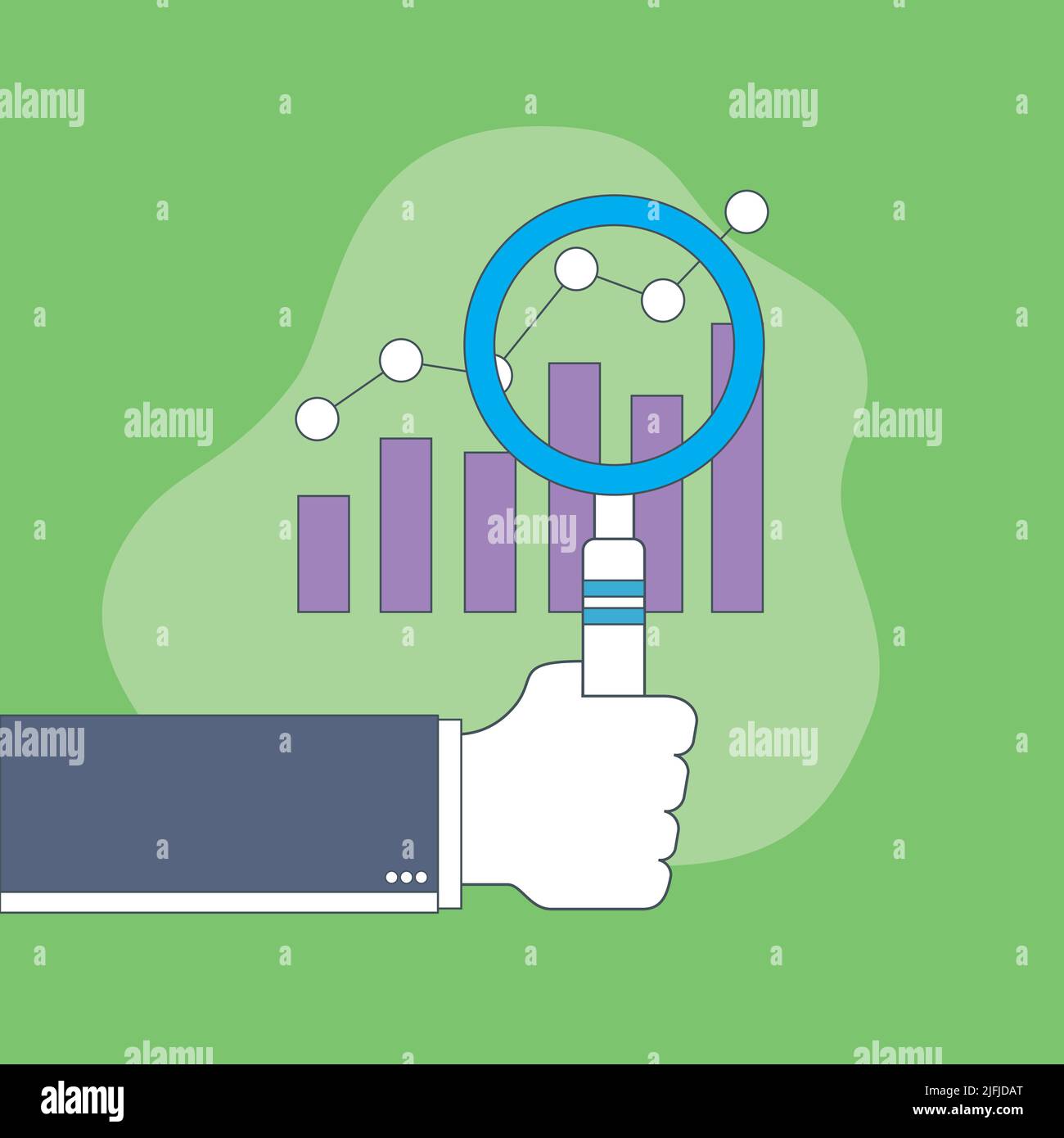 Geschäftsmann Hand mit Lupe über Karte. Geschäftsanalyse, Rechnungslegung und Geschäftsfinanzbericht Konzept. Stock Vektor