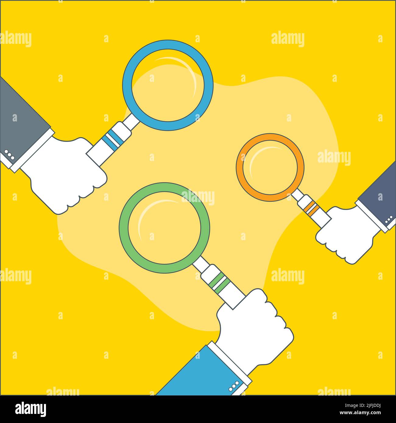 Die Hand eines Geschäftsmanns hält eine Lupe. Konzept des Suchens, Erkennens und Analysierens. Vektor-Design in dünner Linie. Stock Vektor