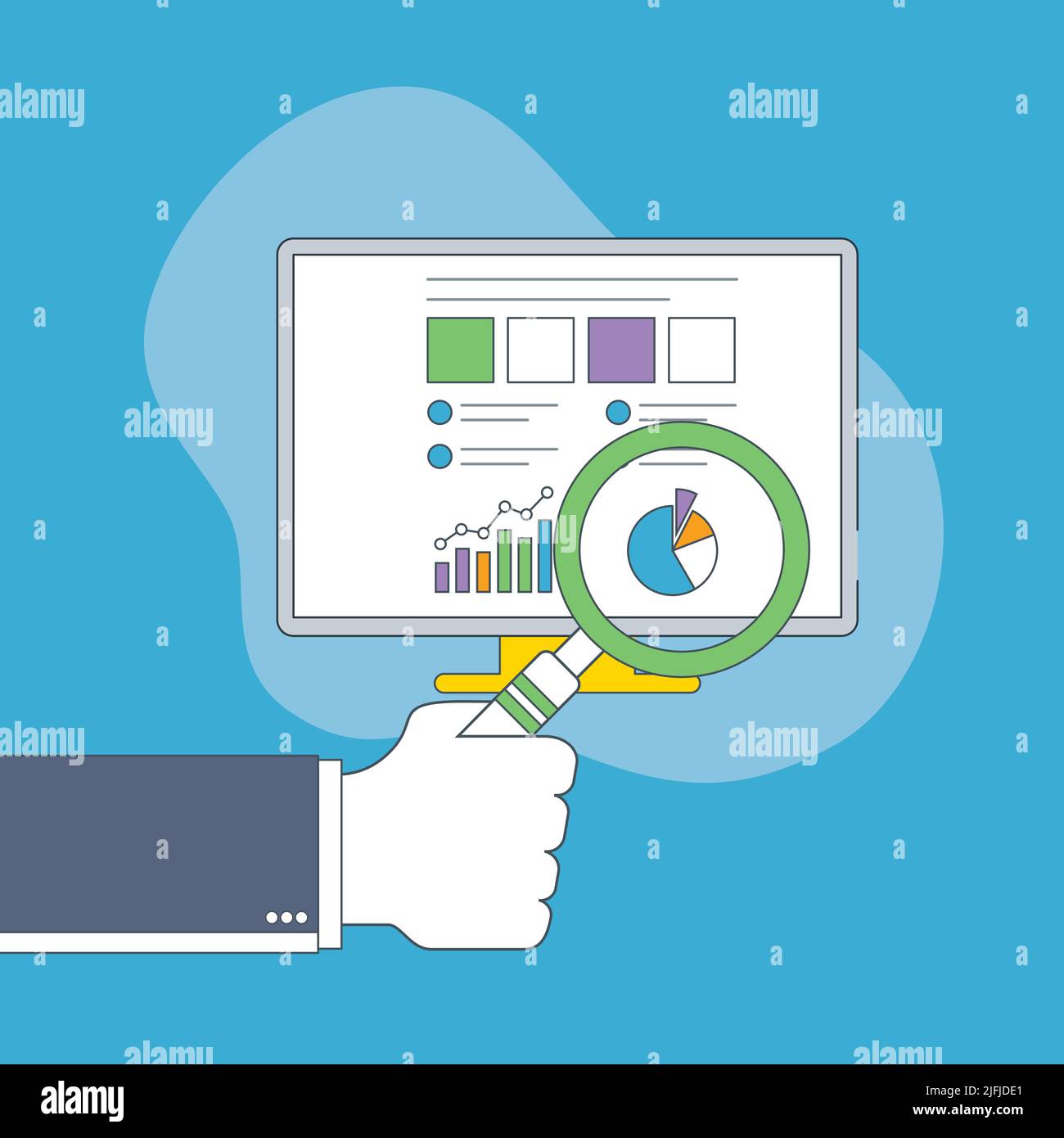 Geschäftsmann Hand mit Lupe über Karte im Computer-Bildschirm. Geschäftsanalyse, Rechnungslegung und Geschäftsfinanzbericht Konzept. Stock Vektor
