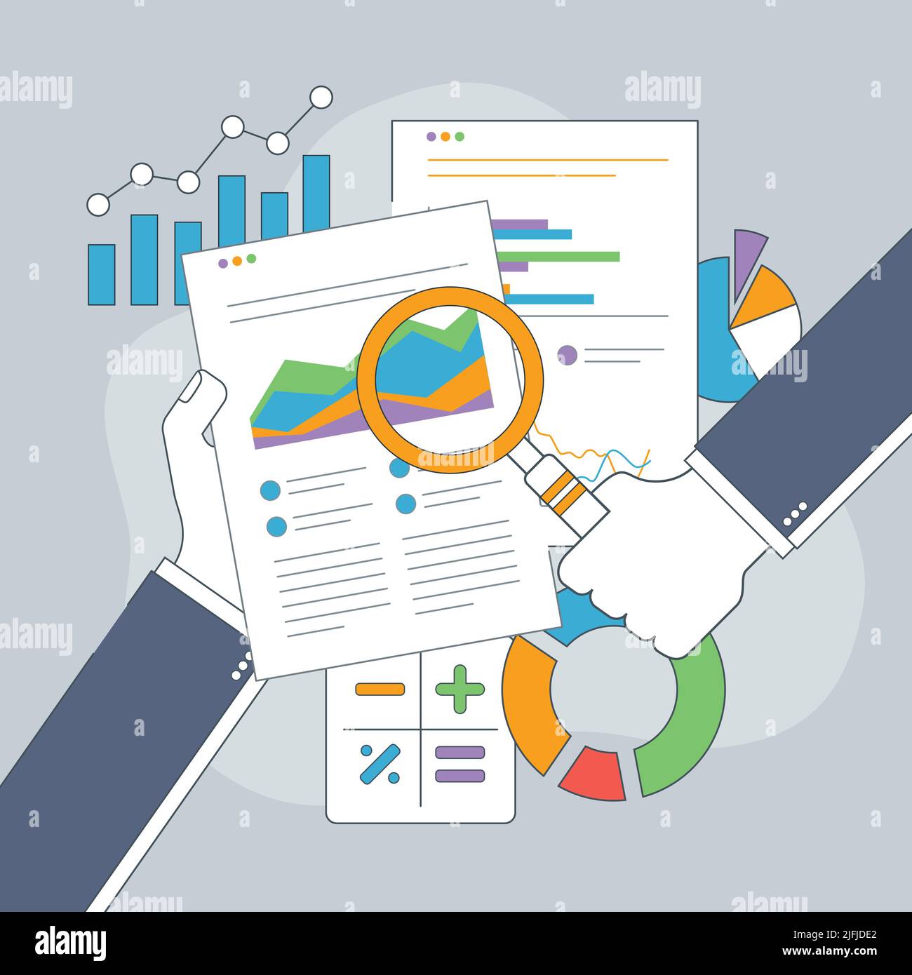 Geschäftsmann Hand mit Lupe über Karte. Geschäftsanalyse, Rechnungslegung und Geschäftsfinanzbericht Konzept. Stock Vektor
