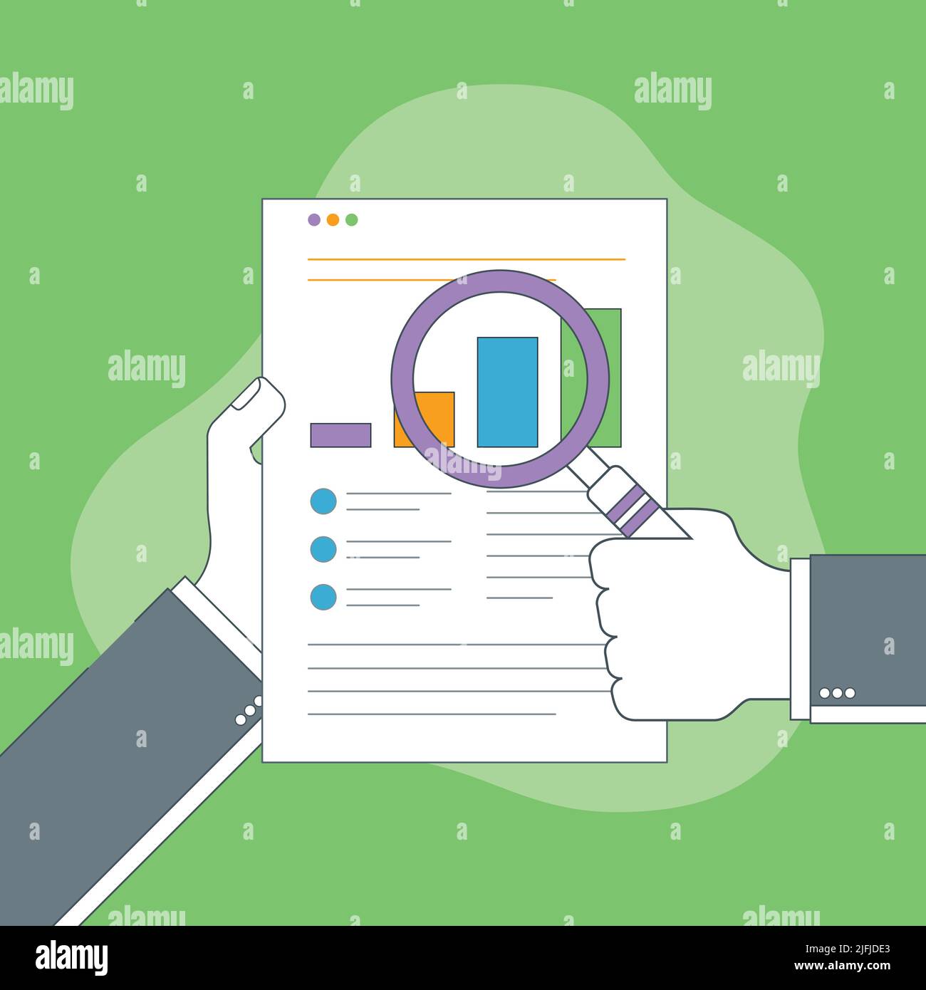 Geschäftsmann Hand mit Lupe über Chart im Finanzbericht. Geschäftsanalyse, Rechnungslegung und Geschäftsfinanzbericht Konzept. Stock Vektor