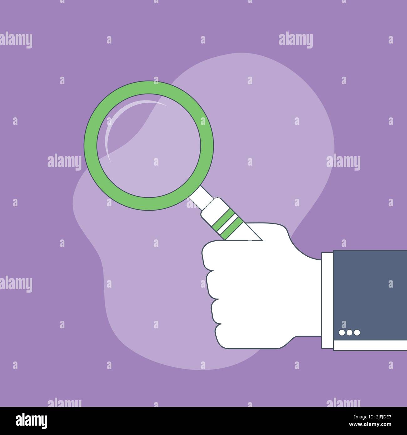 Die Hand eines Geschäftsmanns hält eine Lupe. Vektor-Design in dünner Linie. Stock Vektor