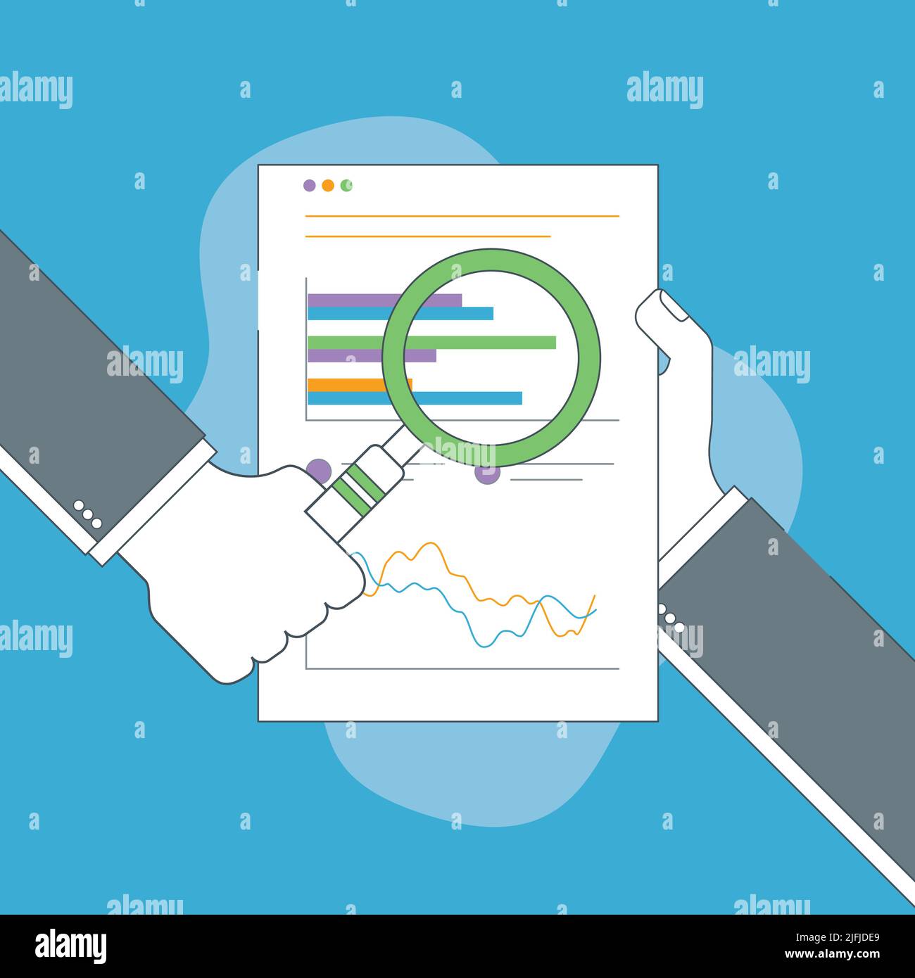 Geschäftsmann Hand mit Lupe über Chart im Finanzbericht. Geschäftsanalyse, Rechnungslegung und Geschäftsfinanzbericht Konzept. Stock Vektor