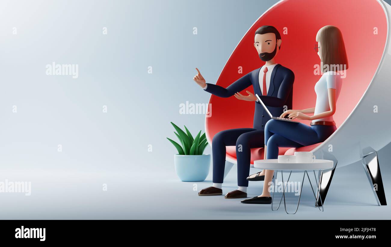 Cartoon-Figur Geschäftsmann und Frau mit Laptop auf der roten Couch sitzen. Gesprächskonzept für Geschäftstreffen. 3D Rendern Stockfoto