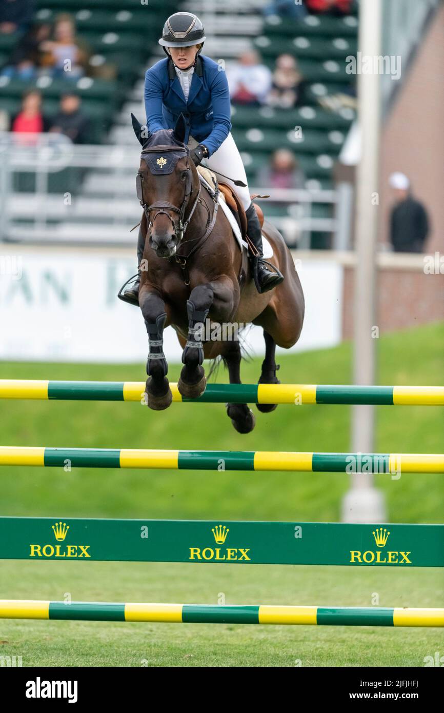Calgary, Alberta, Kanada, 2022-07-03, Kara Chad (CAN) mit Quidamo F, Spruce Meadows International Showjumping, Pan American Cup by Rolex. Stockfoto