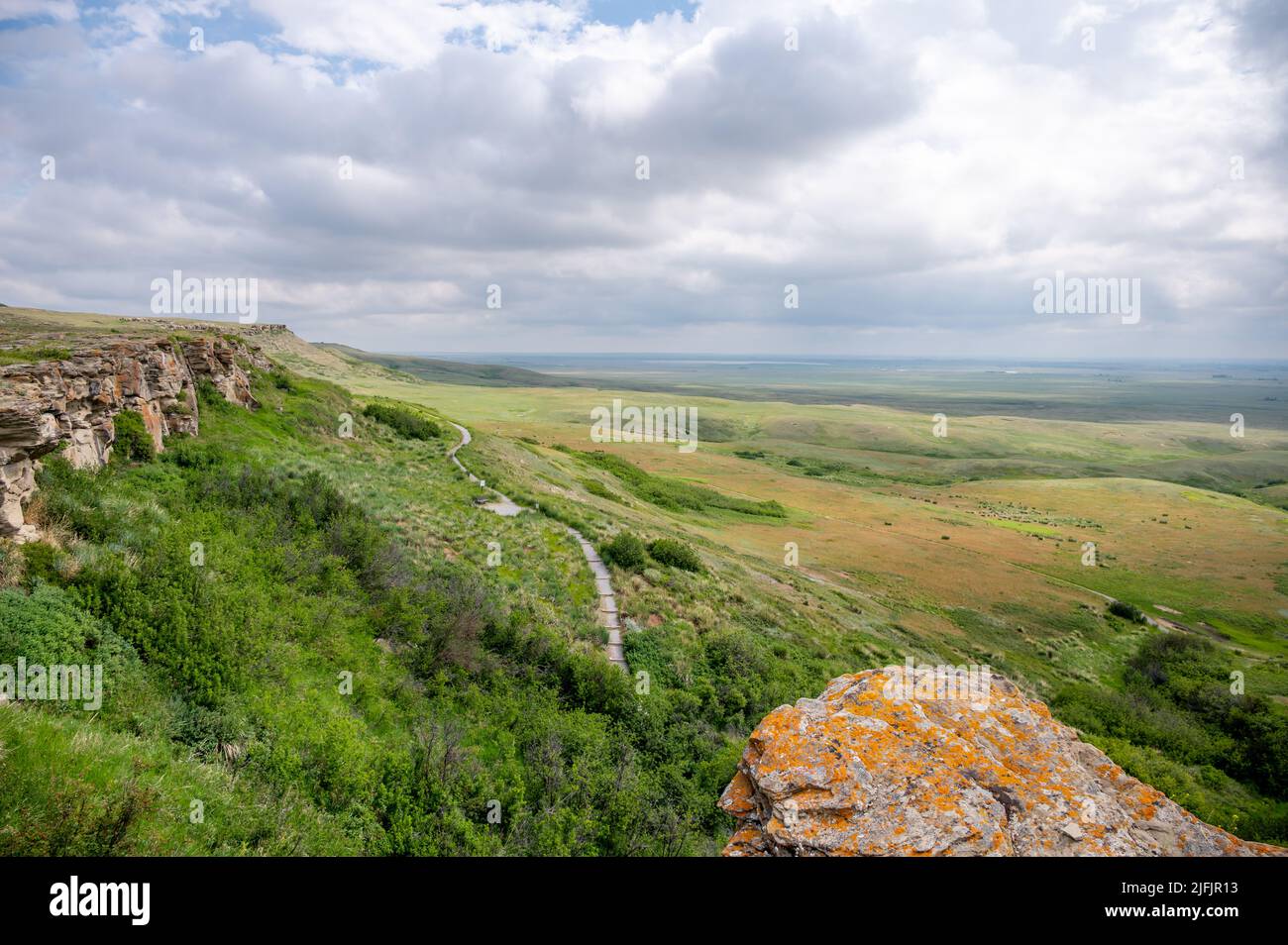 Blick auf das in den Kopf zerschmetterte Buffalo Jump-Weltkulturerbe im Süden von Alberta, Kanada. Stockfoto