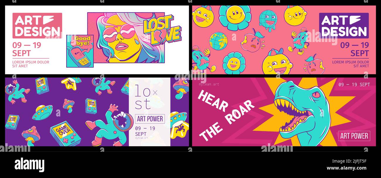 Trendige Retro-Poster für Kunstdesign-Ausstellung mit Symbolen von ufo, Blumen, Dinosaurier, Raumfahrer, Pilze, Gamepad und Mädchen. Vector Banner mit zeitgenössischen Comic-Patches gesetzt Stock Vektor