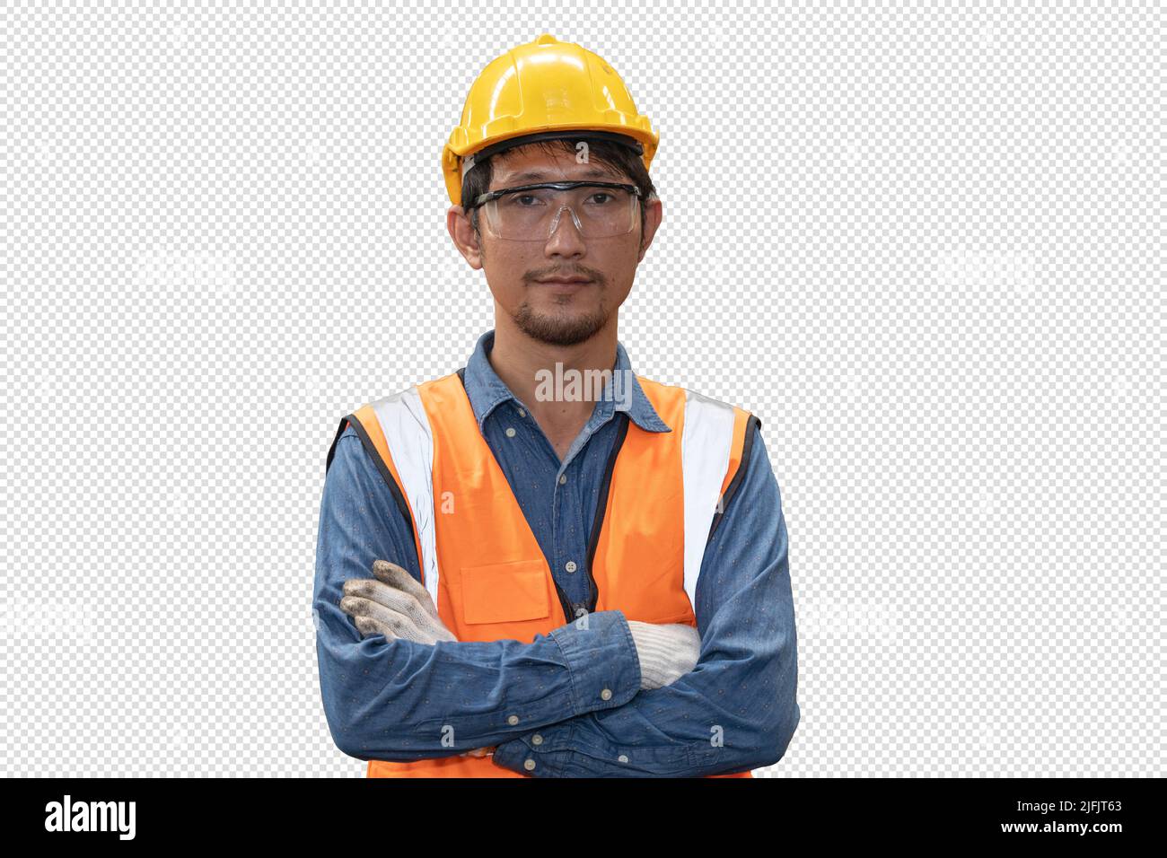 Portrait Asian Industrie Ingenieur Arbeiter Vorarbeiter männlich mit Sicherheit isoliert Mann Hintergrund geschnitten mit Clipping Pfad. Stockfoto