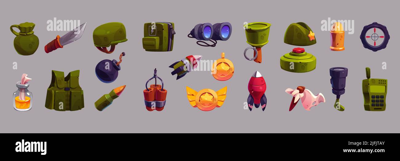 Military Spiel Icons Cartoon-Vektor-Set. Isolierte Kriegswaffen Sammlung, Bombe, Kugel und Rakete, Messer und Wasserflasche, Kompass und Walkie Talkie, Schutzweste und Helm Stock Vektor
