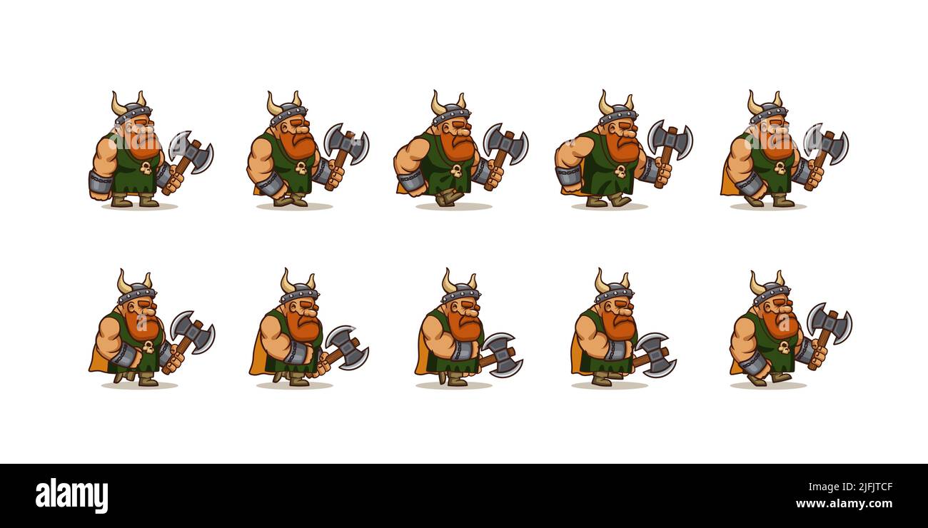 Spiel-Symbole Satz von Charakter viking Walk Zyklus Sequenz. Vektor Cartoon Sprite Blatt des Wandermanns Krieger, Barbar mit Axt und gehörnten Helm für 2D Animation Stock Vektor