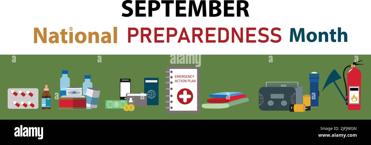 National Preparedness Month (NPM), Vektorgrafik mit Notfallplan-Symbolen. Platz kopieren Stockfoto