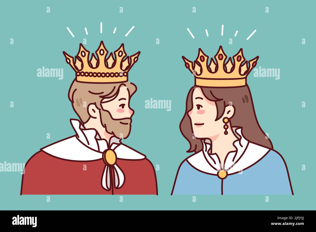 König und Königin in Kesseln und Kronen sehen sich an. Mitglieder der königlichen Familie in Roben. Königtum und Monarchie. Vektorgrafik. Stock Vektor