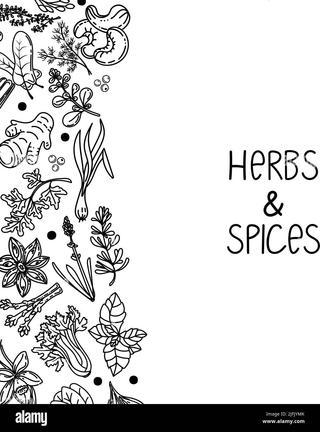 Schablone zum Verpacken von Kräutern und Gewürzen, gezeichnetes Element im Doodle-Stil. Silhouetten von Pflanzenelementen. Inschrift mit Kräutern und Gewürzen, handgeschrieben. Chili, Stock Vektor