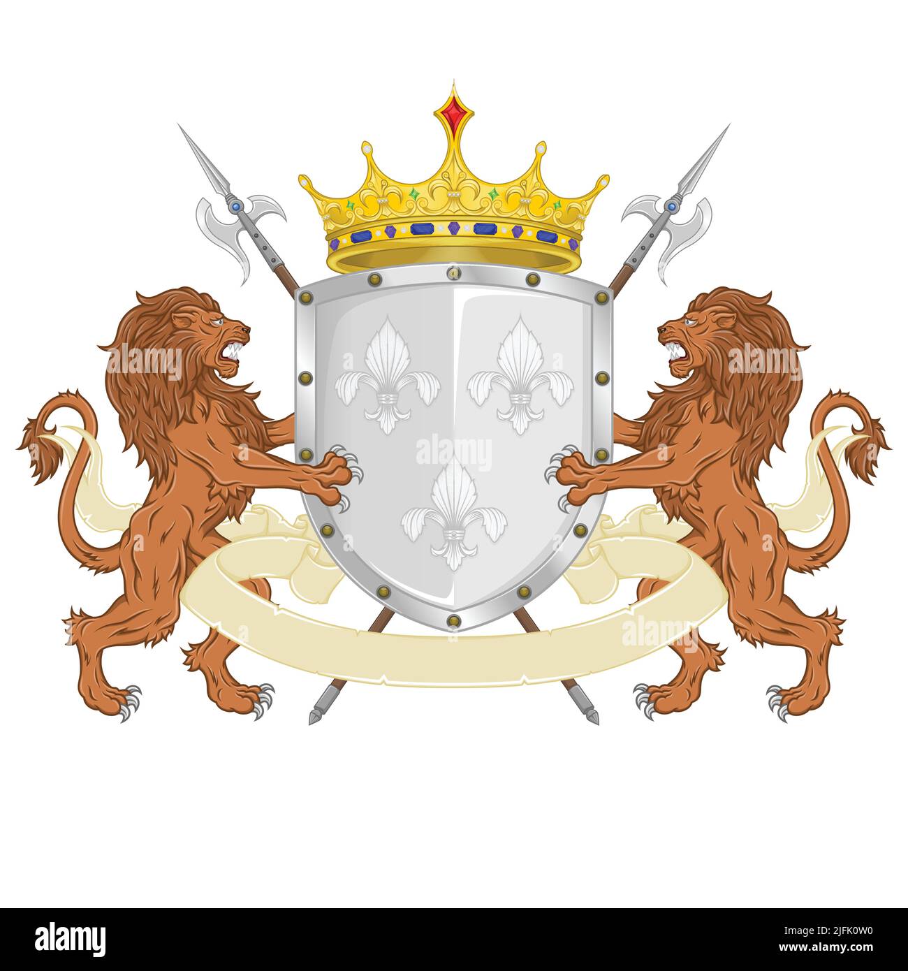 Gekröntes Wappschild mit drei silbernen Fleur-de-lys, flankiert von zwei grassierenden Löwen und Hellebarden Stock Vektor
