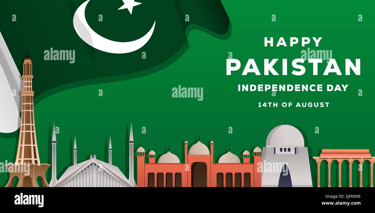 Gradient pakistans Unabhängigkeitstag mit pakistanischem Wahrzeichen und pakistanischer Flagge Stock Vektor