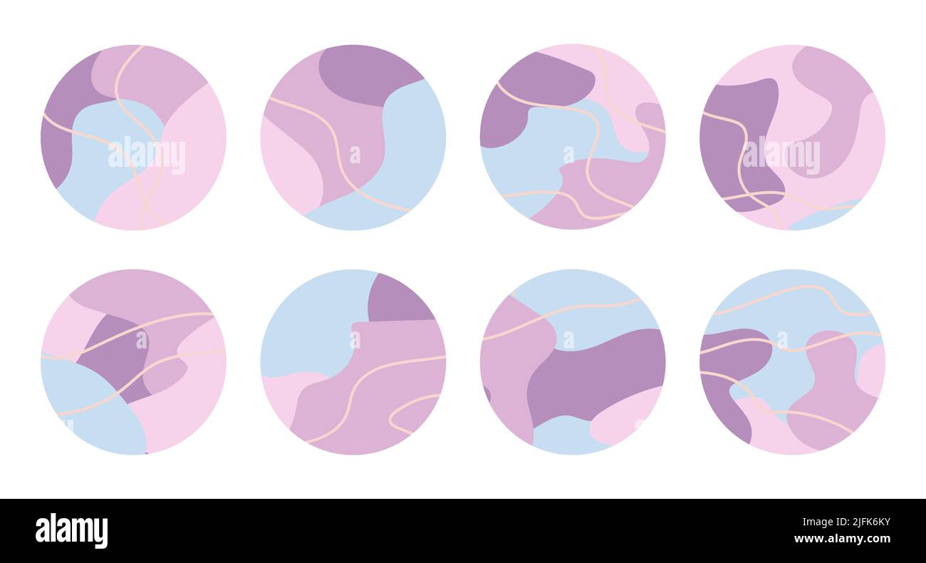 Eine Reihe von Instagram Story Highlights umfasst Icons. Hintergrundbilder zur Sammlung von Geschichten aus sozialen Medien. Abstrakter geometrischer Hintergrund mit Pastellfarben. Paket o Stock Vektor