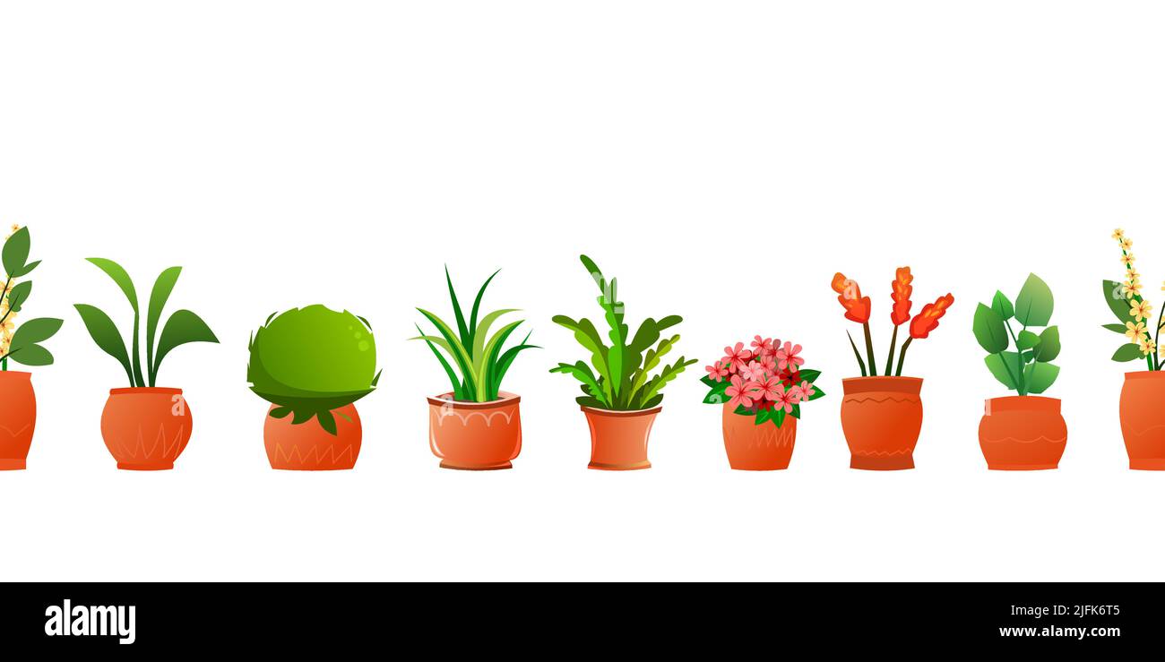Zimmerpflanzen und Blumen. In Keramiktöpfen. Hausgemachte schöne Kräuter. Isoliert auf weißem Hintergrund. Nahtlose horizontale Komposition. Witziger Cartoon-Style Stock Vektor
