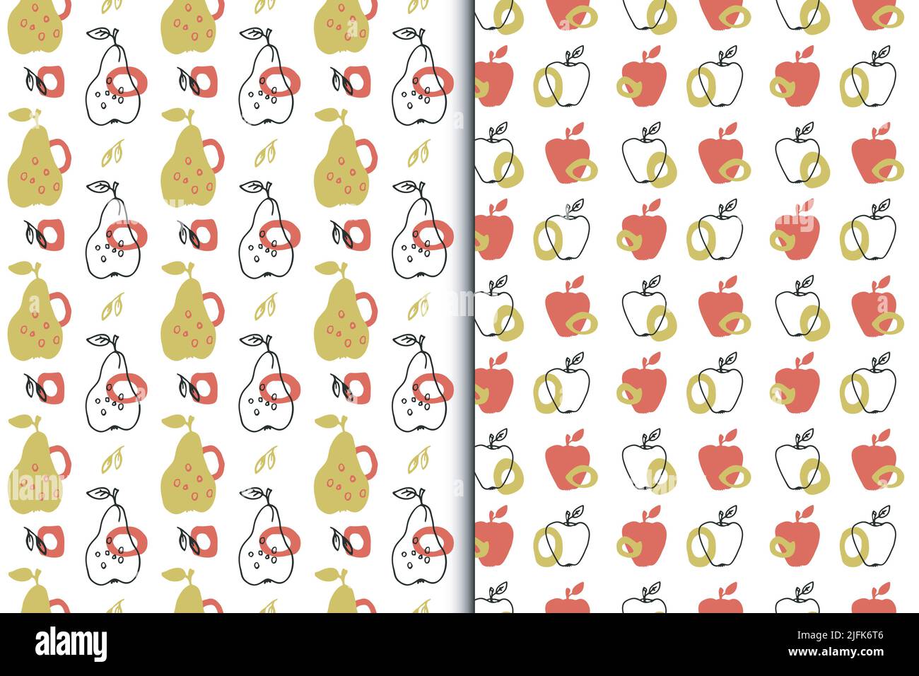 Apfel, Birne nahtlose Muster, Satz von 2. Bunte Früchte, runde Silhouetten. Hand gezeichnet naiv Cartoon kindliche Illustration, rot gelb helle Farbe Stock Vektor