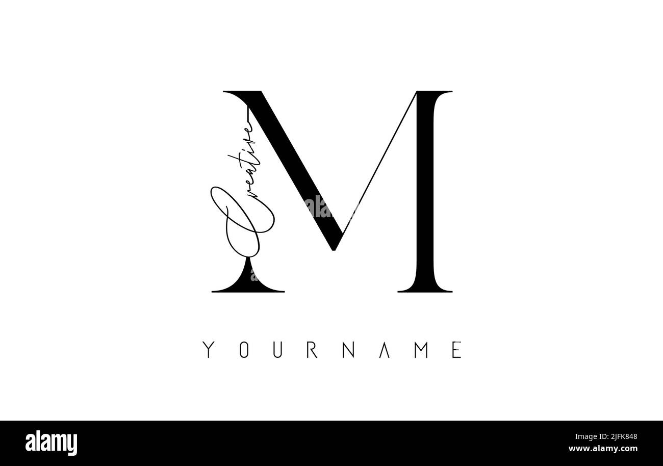 Kreatives handgeschriebenes M-Logo mit Textkonzept. Vektor-Illustration mit Brief und kreativem Schnitt. Stock Vektor