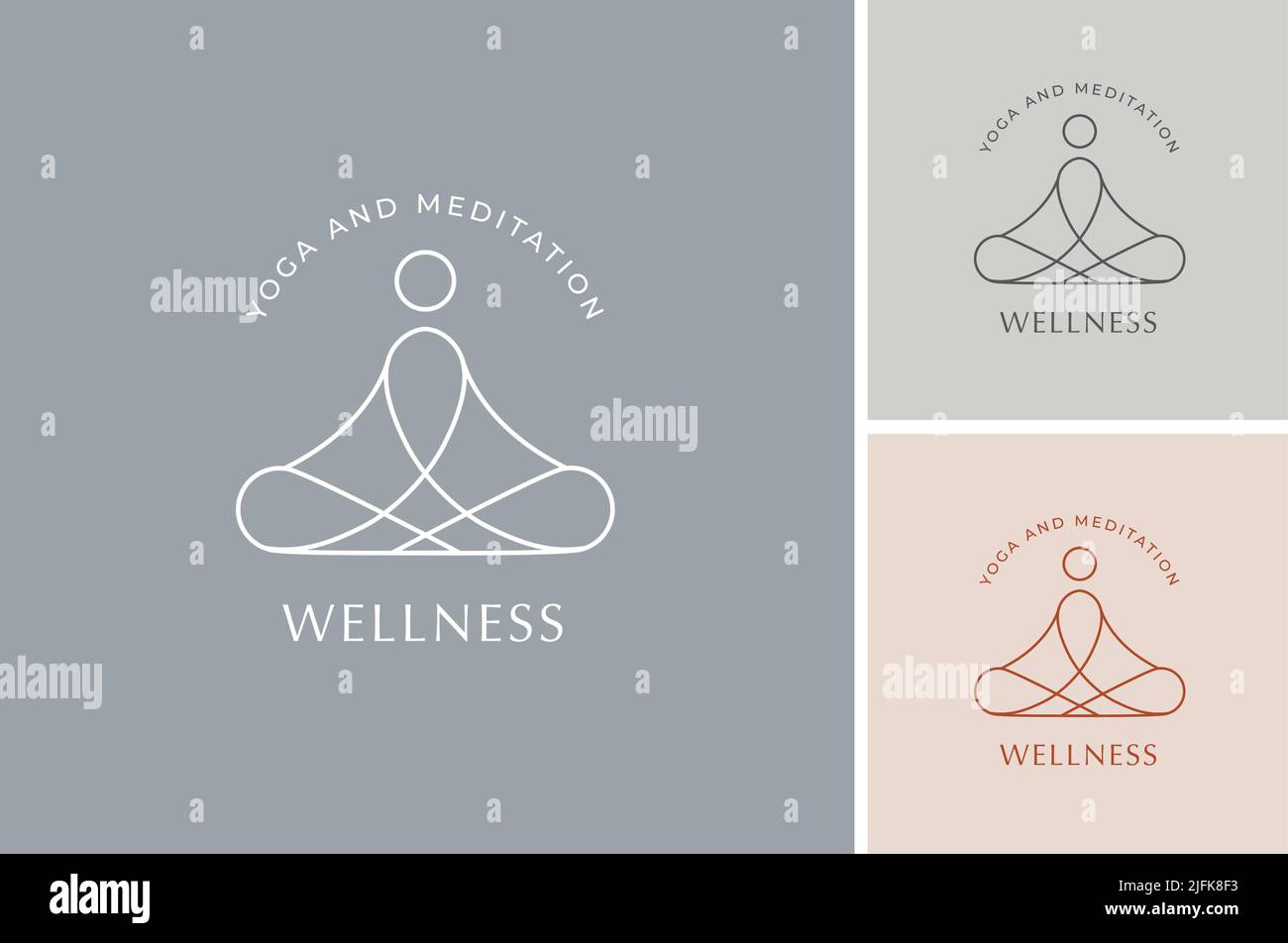 Sammlung von Yoga, Zen und Meditation Logos, lineare Symbole und Elemente. Minimalistische Illustrationen im böhmischen Stil in Pastellfarben Stock Vektor