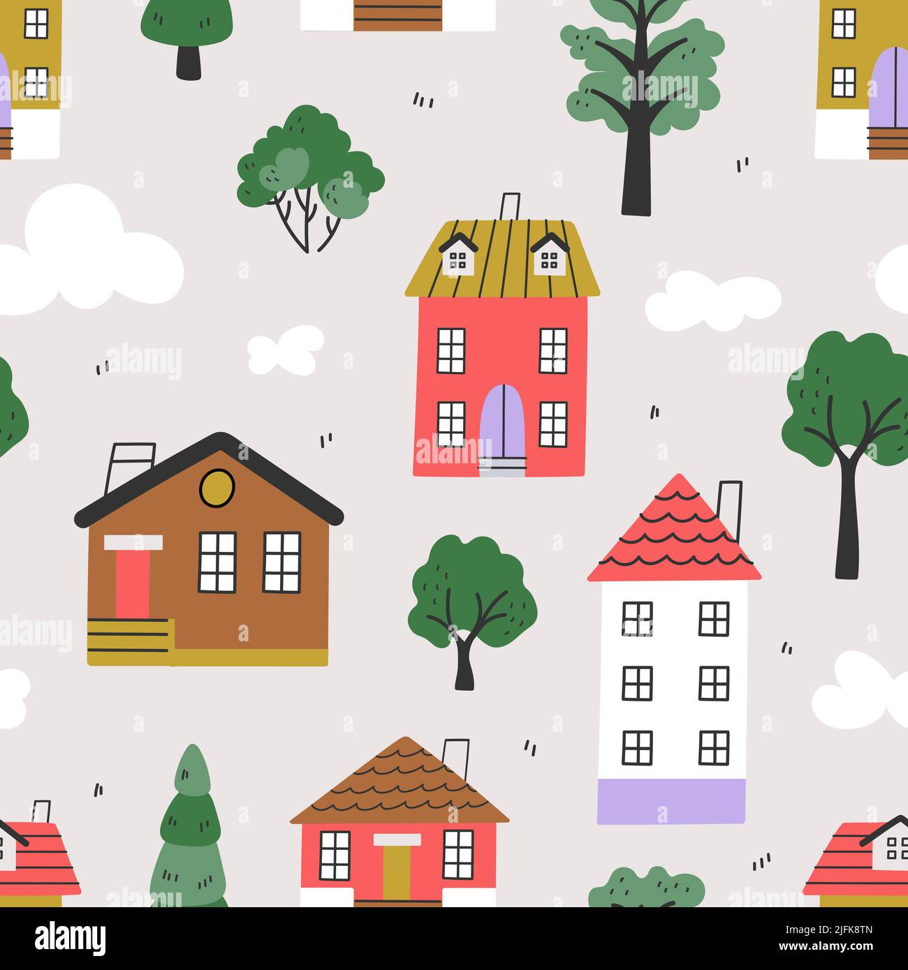 Skandinavische Häuser nahtlose Muster. Niedliche kritzelige Gebäude in Wald und Wolken. Angesagter scandi-Stoffdruck, dekorativer Vektor-Hintergrund Stock Vektor