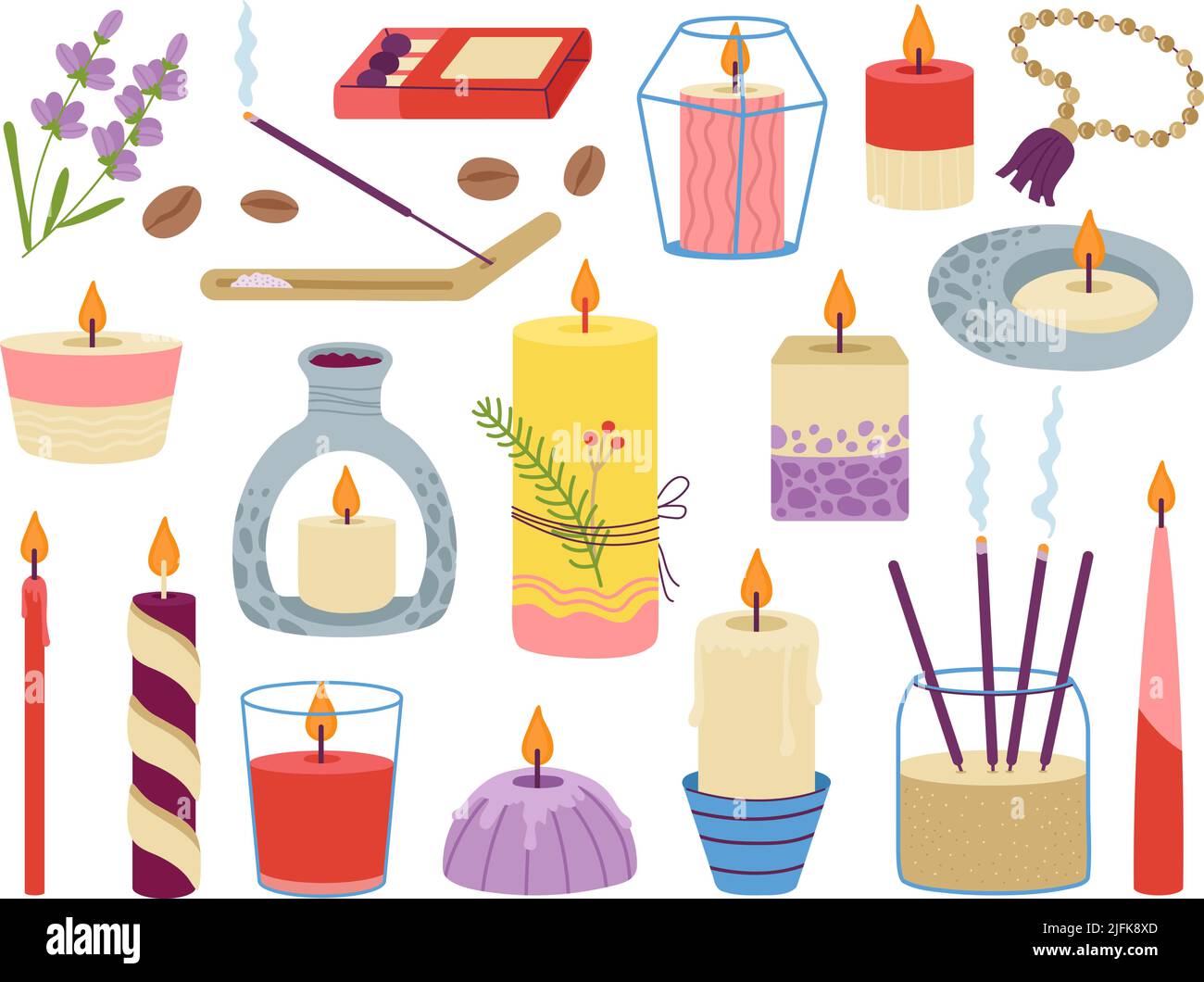 Meditationselemente und Kerzen. Candle Clipart, Home Aromatherapie zum Entspannen. Aroma-Stick, Yoga-Entspannungswerkzeuge. Gemütlicher Lebensstil anständiger Vektor Stock Vektor