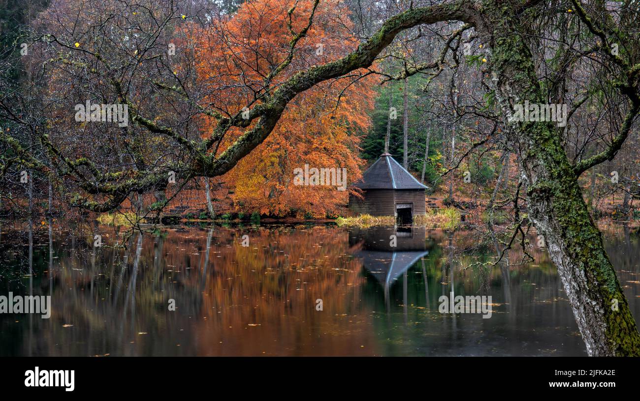 Ein launischer, farbenfroher Herbstwald über einer ruhigen Reflexion auf Loch Dunmore in der Nähe von Pitlochry in Perthshire, Schottland. Stockfoto