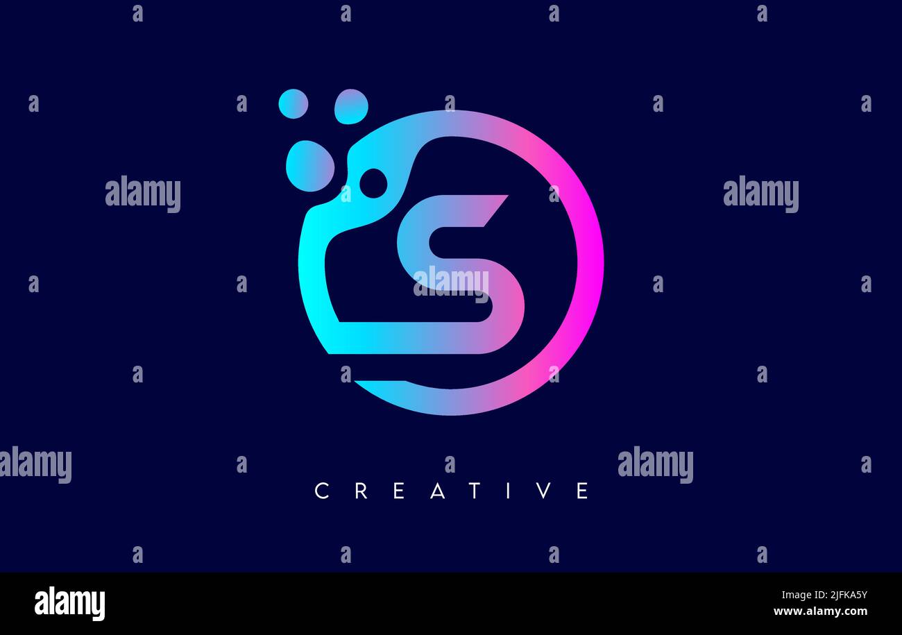 Letter S Logo Icon Design mit Punkten und Blasen innerhalb einer kreisförmigen Form in Purple Neon Farben Vektor Illustration. Stock Vektor
