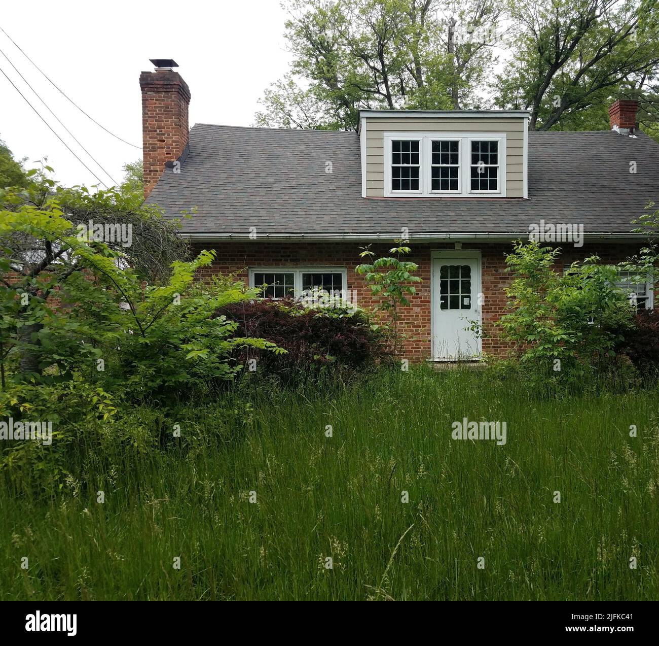 Verlassene Häuser oder Ruinen mit hohem ungepflegten Gras. Stockfoto
