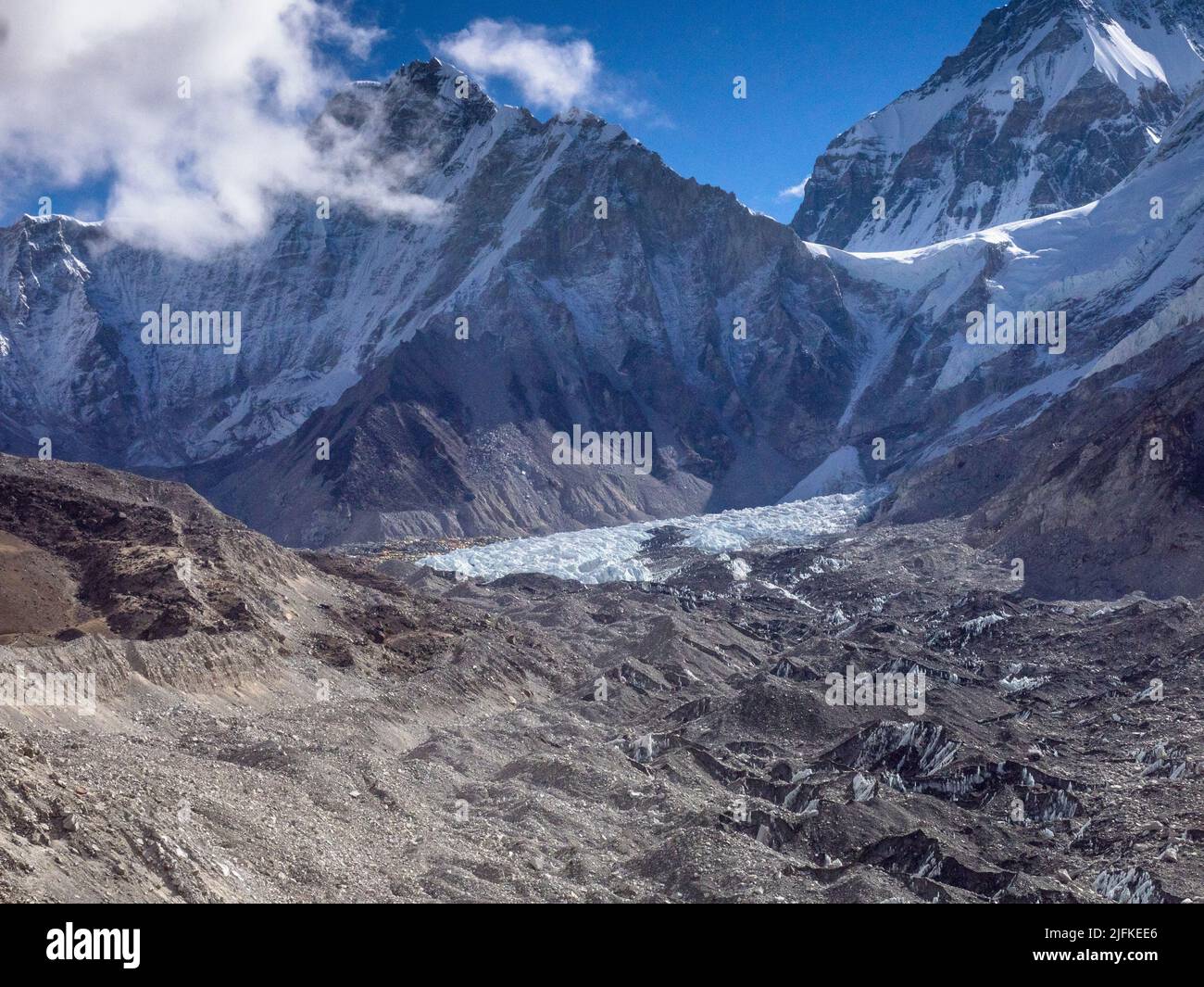 Khumbutse (6636m) und Changtse (7543m) über dem Khumbu-Eisbruch (weiß) und dem Khumbu-Gletscher (braun). Das Everest-Basislager ist links vom Eisfall. Stockfoto