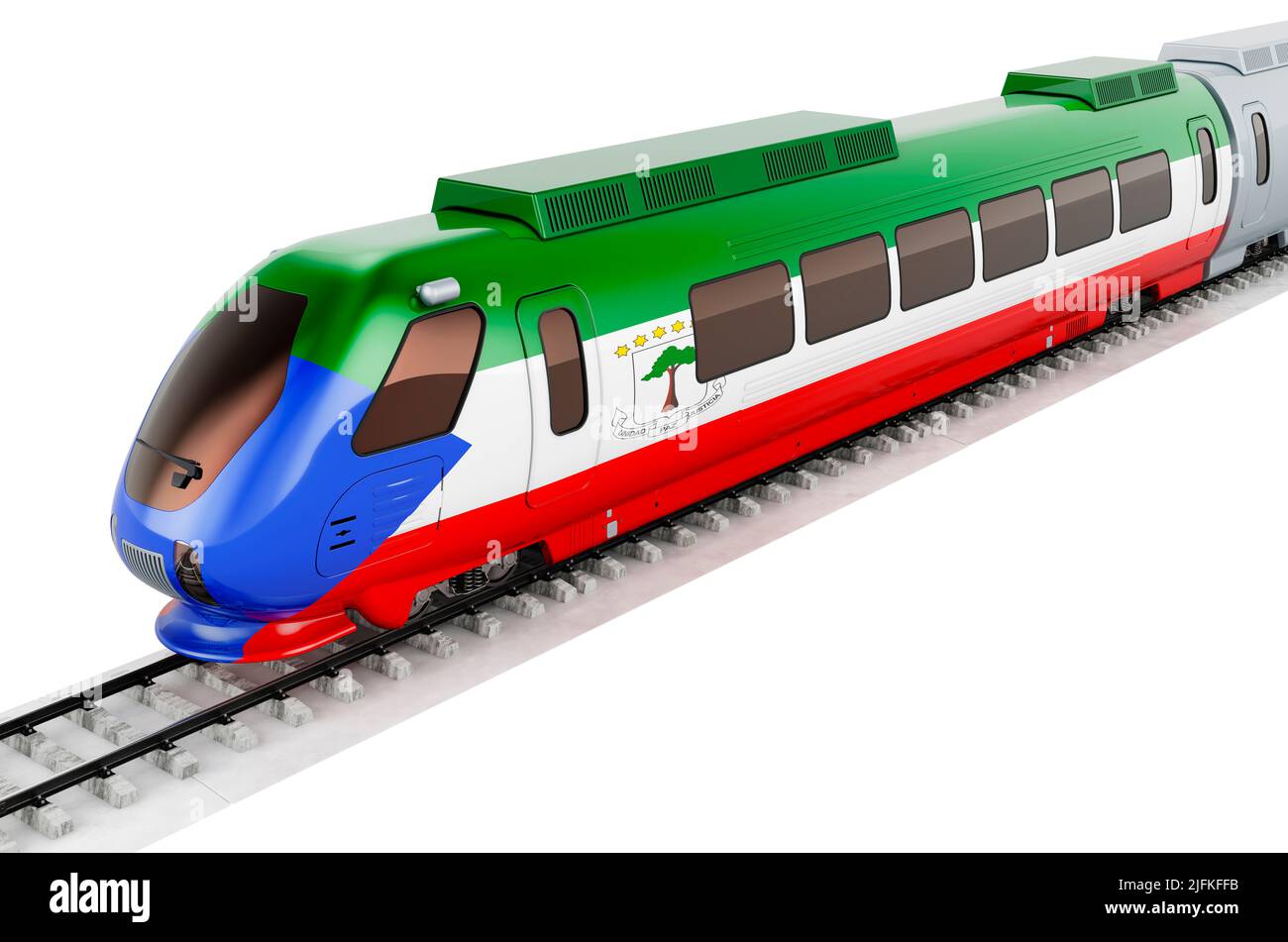 Äquatoguineafahne auf dem Hochgeschwindigkeitszug. Bahnreisen in Äquatorialguinea, Konzept. 3D Darstellung isoliert auf weißem Hintergrund Stockfoto