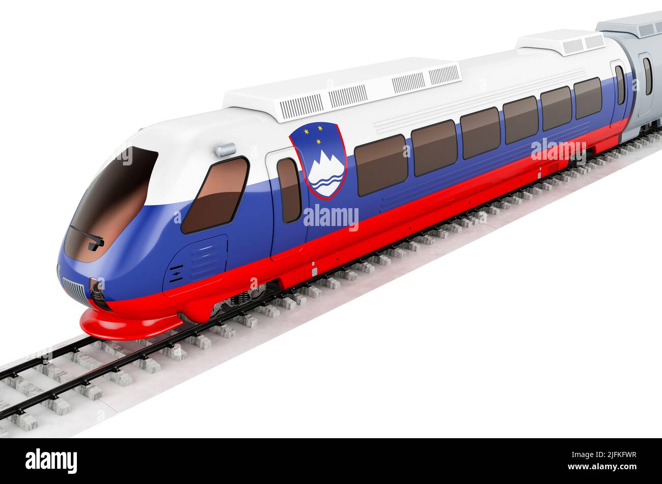 Slowenische Flagge auf dem Hochgeschwindigkeitszug gemalt. Bahnreisen in Slowenien, Konzept. 3D Darstellung isoliert auf weißem Hintergrund Stockfoto