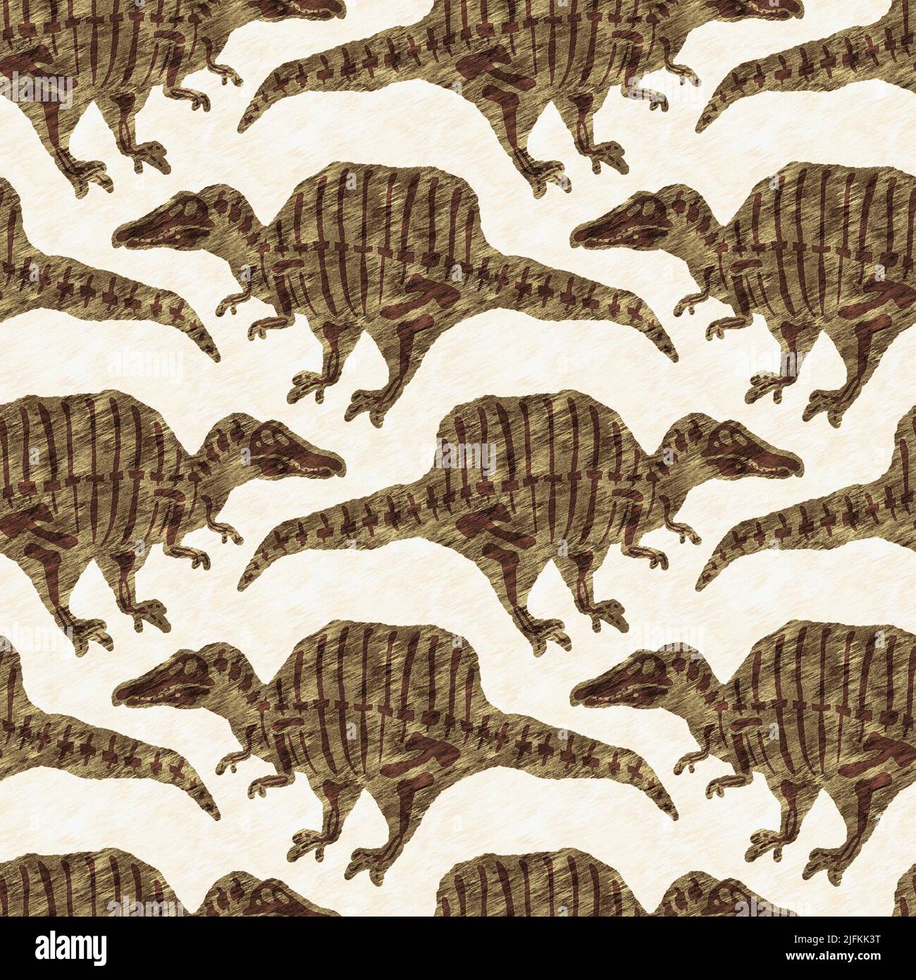Braun handgezeichnete Spinosaurus fossile Knochen Dinosaurier nahtloses Muster. Geschlechtsspezifische neutrale jurassische Silhouette für die Babykrippe. Home Dekor für Museum Stockfoto