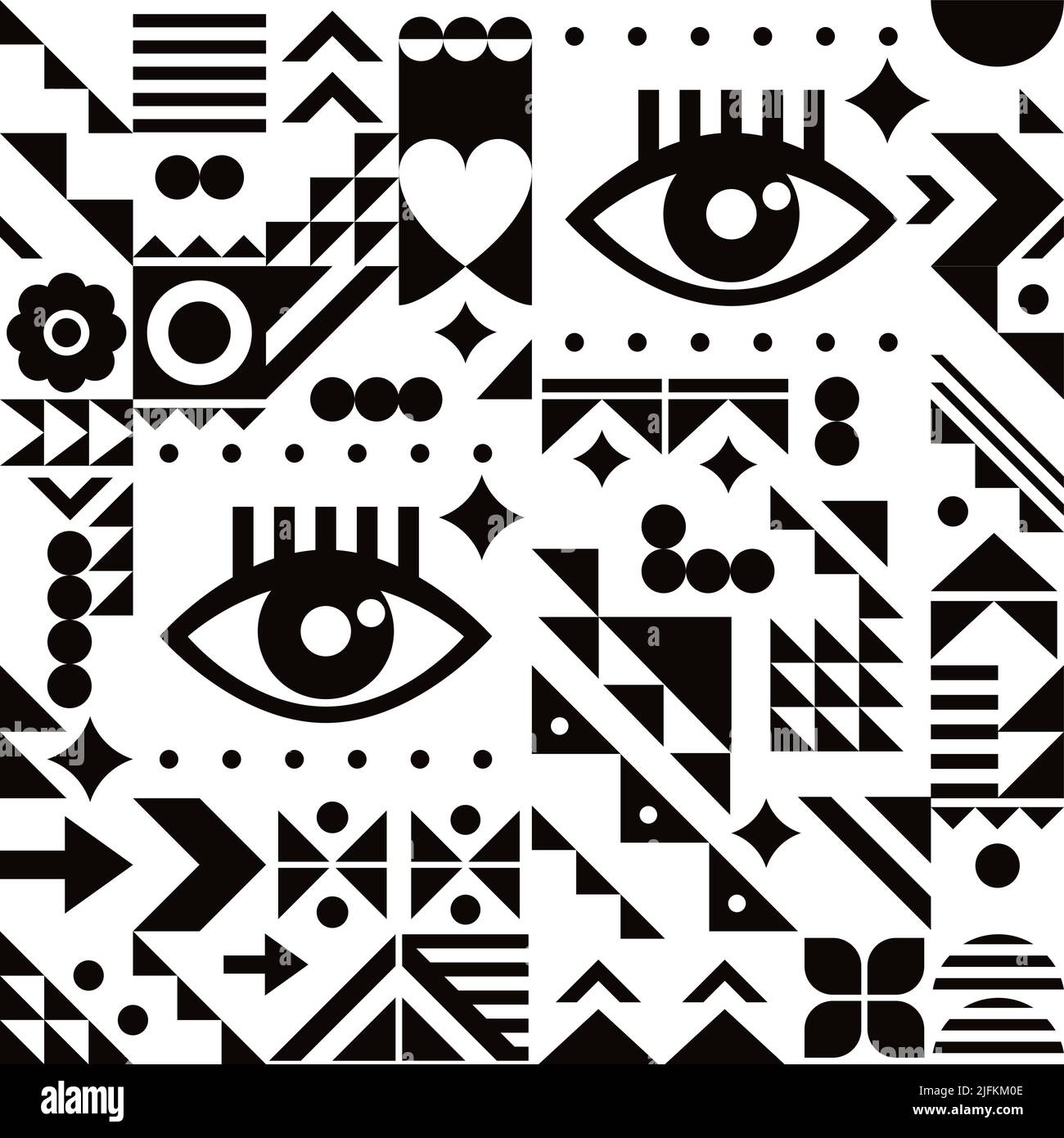 Bauhaus-Stil cool geometrischen Vektor nahtlose Muster mit Augen und abstrakten Formen, schwarz und weiß modernes Design perfekt für Tapeten oder Textil, fa Stock Vektor