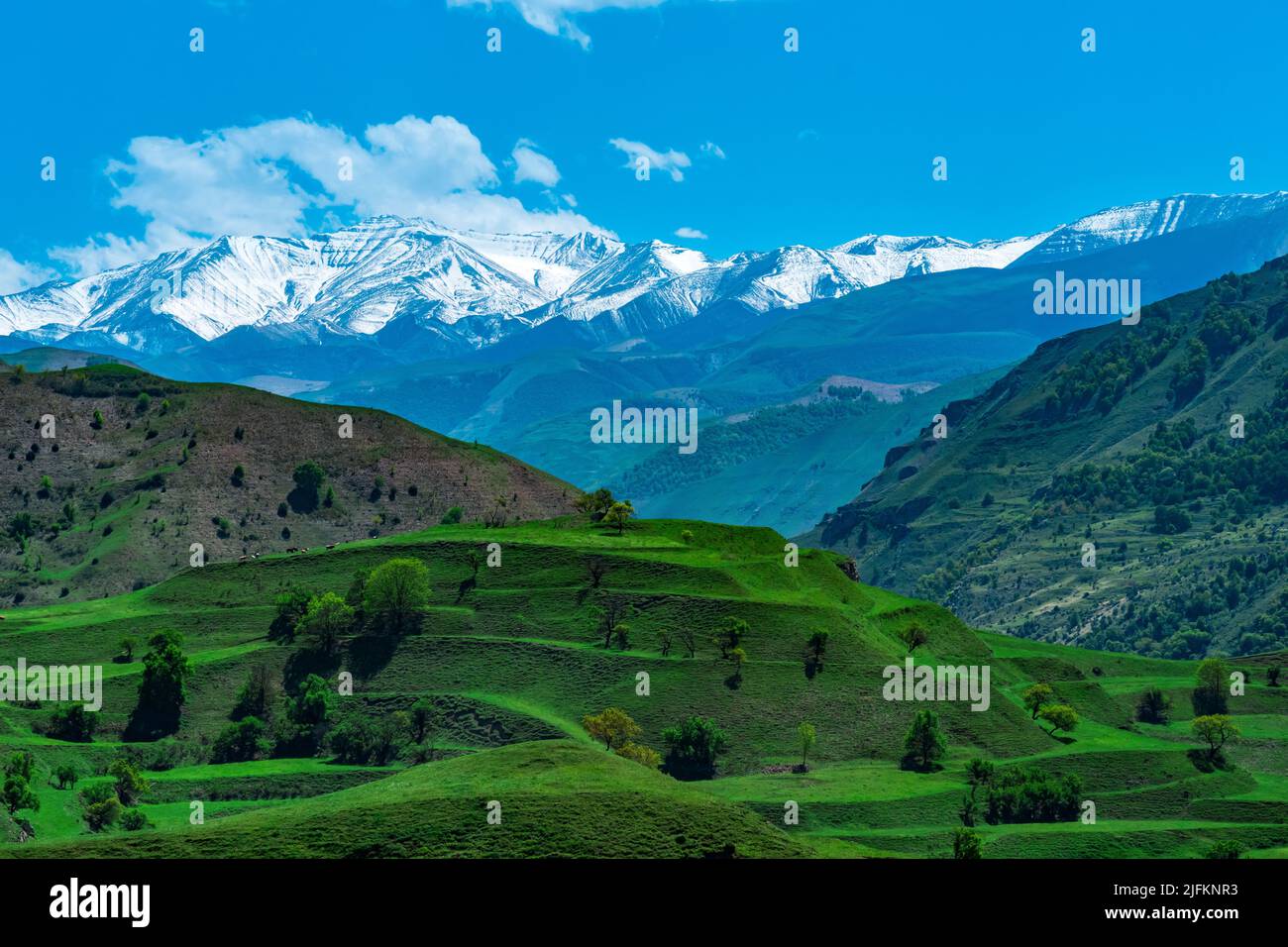 Landschaft von gebirgigen Dagestan mit terrassierten Feldern und schneebedeckten Gipfeln in der Ferne Stockfoto