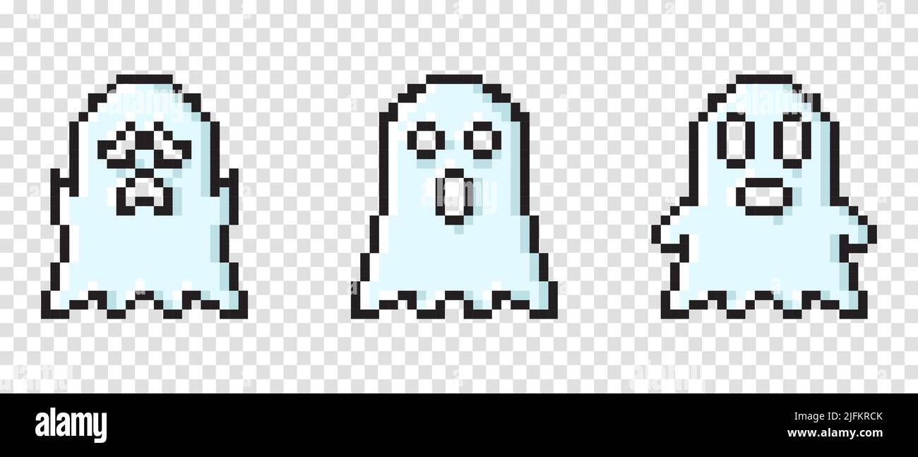 Satz Vektorpixel-Art-Ghost. Pixel-Zeichen-Geister. Pixel Art Geister gesetzt. Retro 8 Bit Pixel Geister und Geister Symbole. Pixel Art paranormale Geister p Stock Vektor