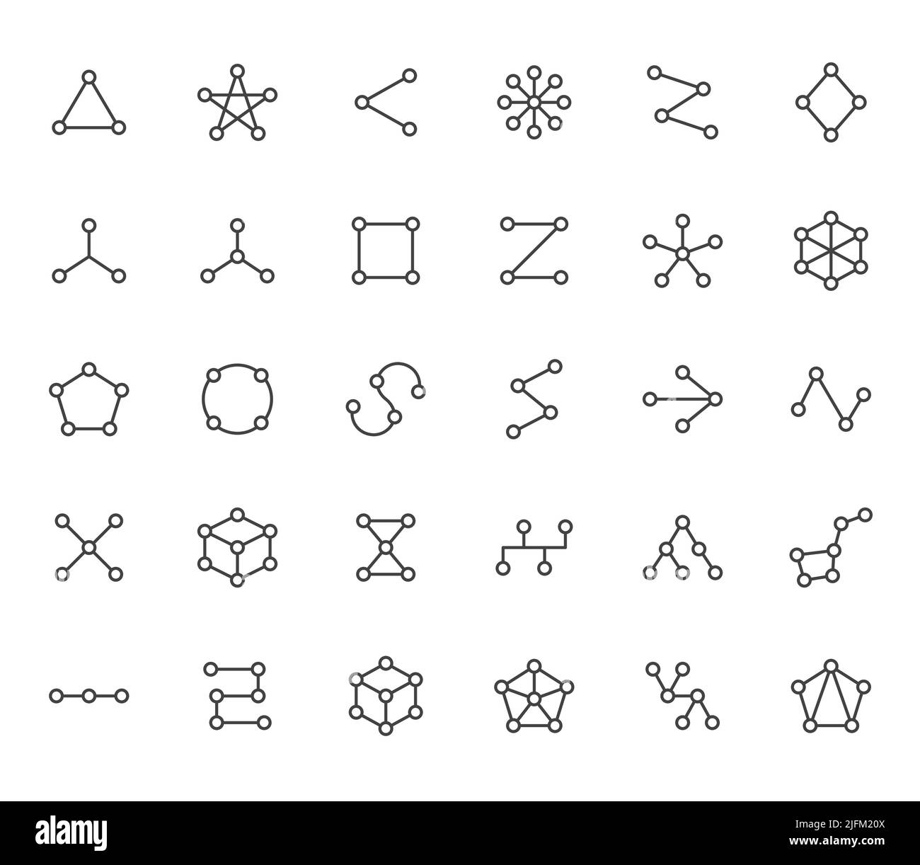Abstraktes geometrisches, flaches Symbolset. Kreise verbunden mit Linien Formen, Vielfalt Konzept, Topologie Netzwerk Vektor Illustrationen. Umrisse der Schilder Stock Vektor