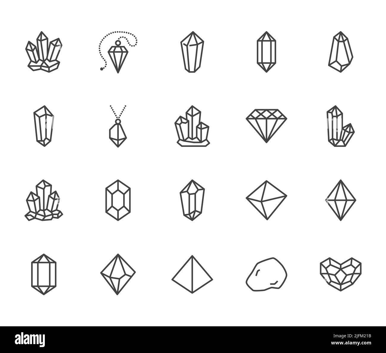 Symbole für die flache Linie der Kristalle sind gesetzt. Mineralgestein, Diamantform, Salz, abstrakter Edelstein, magische Kristall-Vektorgrafiken. Dünne Zeichen für Geologie oder Stock Vektor