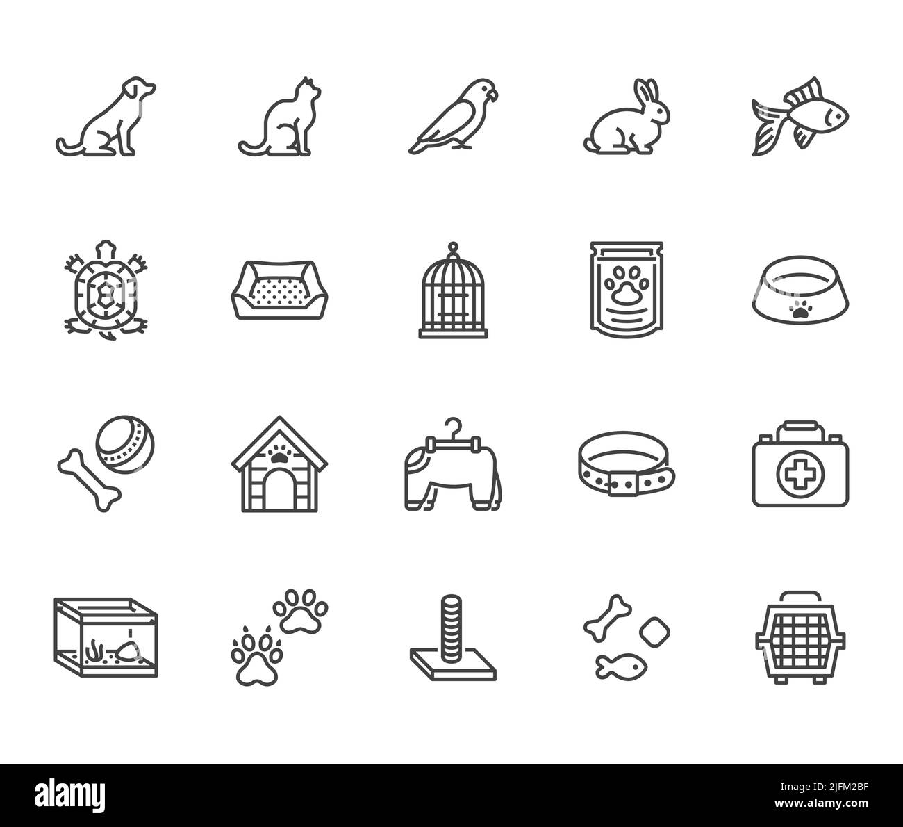 Set mit Symbolen für den Tierhandel mit flacher Linie. Hundeträger, Katzenkratzer, Vogelkäfig, Kaninchen, Fischaquarium, haustiere Pfote, Kragen Vektor-Illustrationen. Dünne Zeichen für Stock Vektor