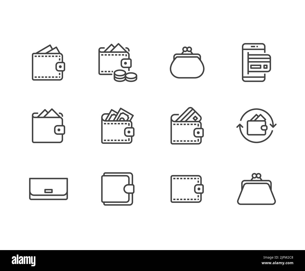 Brieftasche mit Symbolen in flacher Linie. Geldbörse mit Geld, Münzen, Kreditkarte, Cashback, Online-Zahlungs-Vektor-Illustrationen. Finanzskizze. Pixel perfekt Stock Vektor