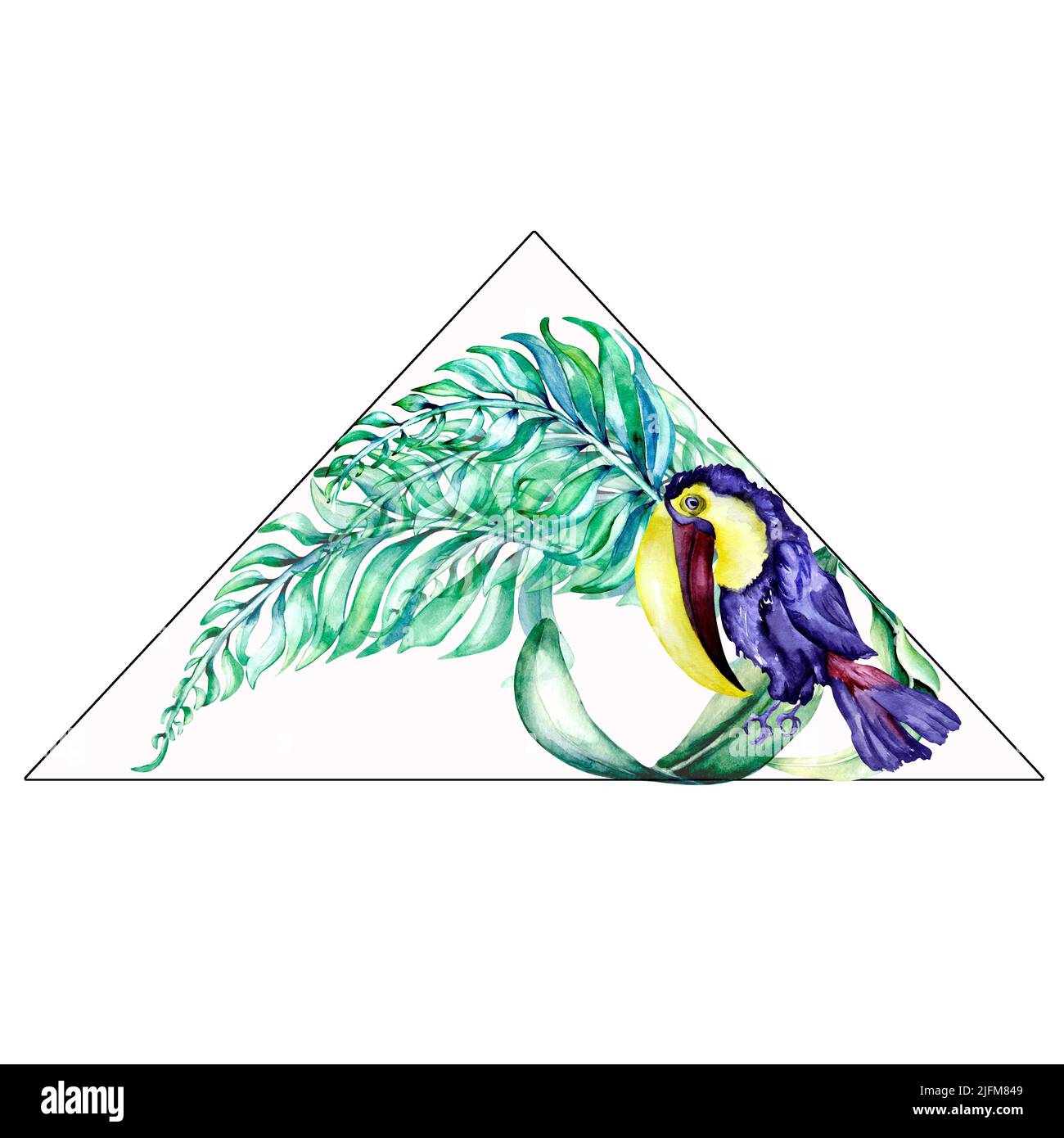 Dreieck-Etikett von Palmblättern mit tropischer Vogel Tukan Aquarell-Illustration auf weiß. Exotische mehrfarbige Pflanzen, grüne, blaue Blätter handbemalt. D Stockfoto