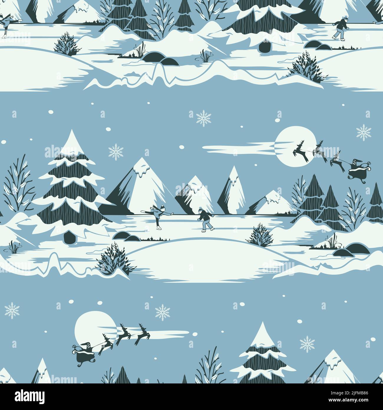 Nahtloses Vektormuster mit Winterlandschaft auf blauem Hintergrund. Weihnachten Magie Tapete Design. Dekorative Eislaufen Mode Textil. Stock Vektor