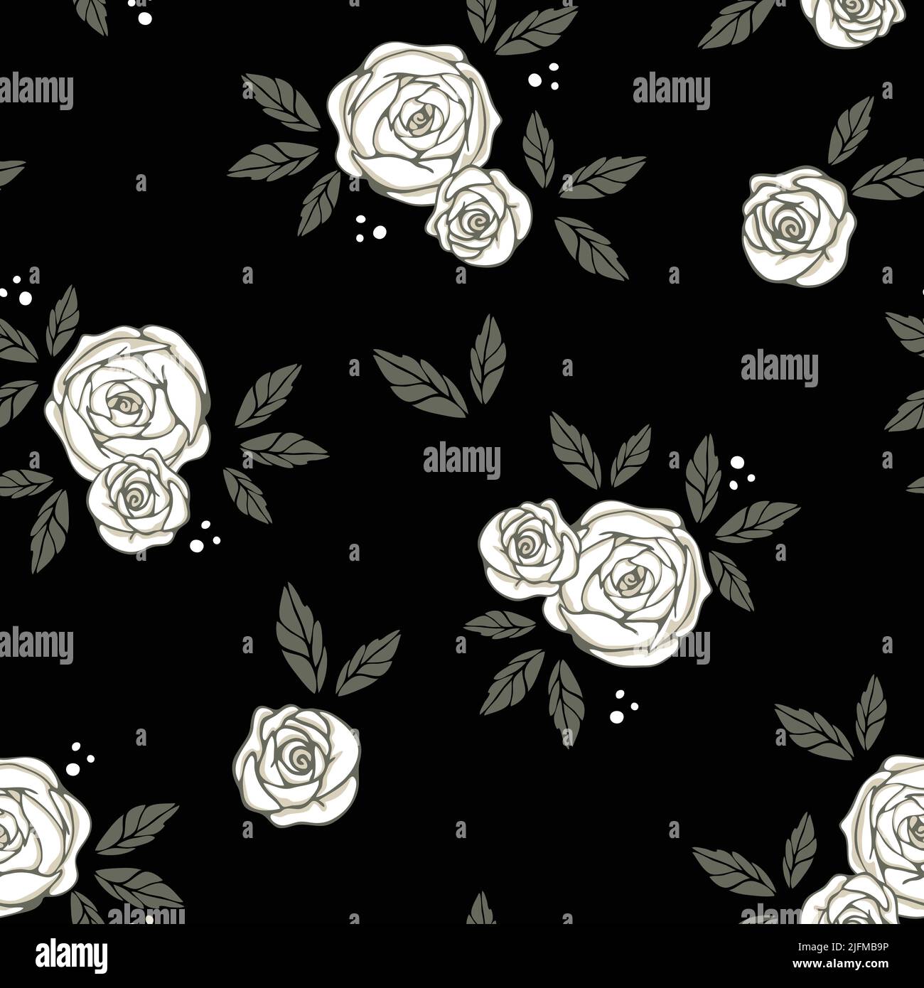 Nahtloses Vektor-Muster mit weißen Rosen auf schwarzem Hintergrund. Schlichtes Vintage-Floral-Tapetendesign. Dekorative nostalgische Mode-Textilien. Stock Vektor