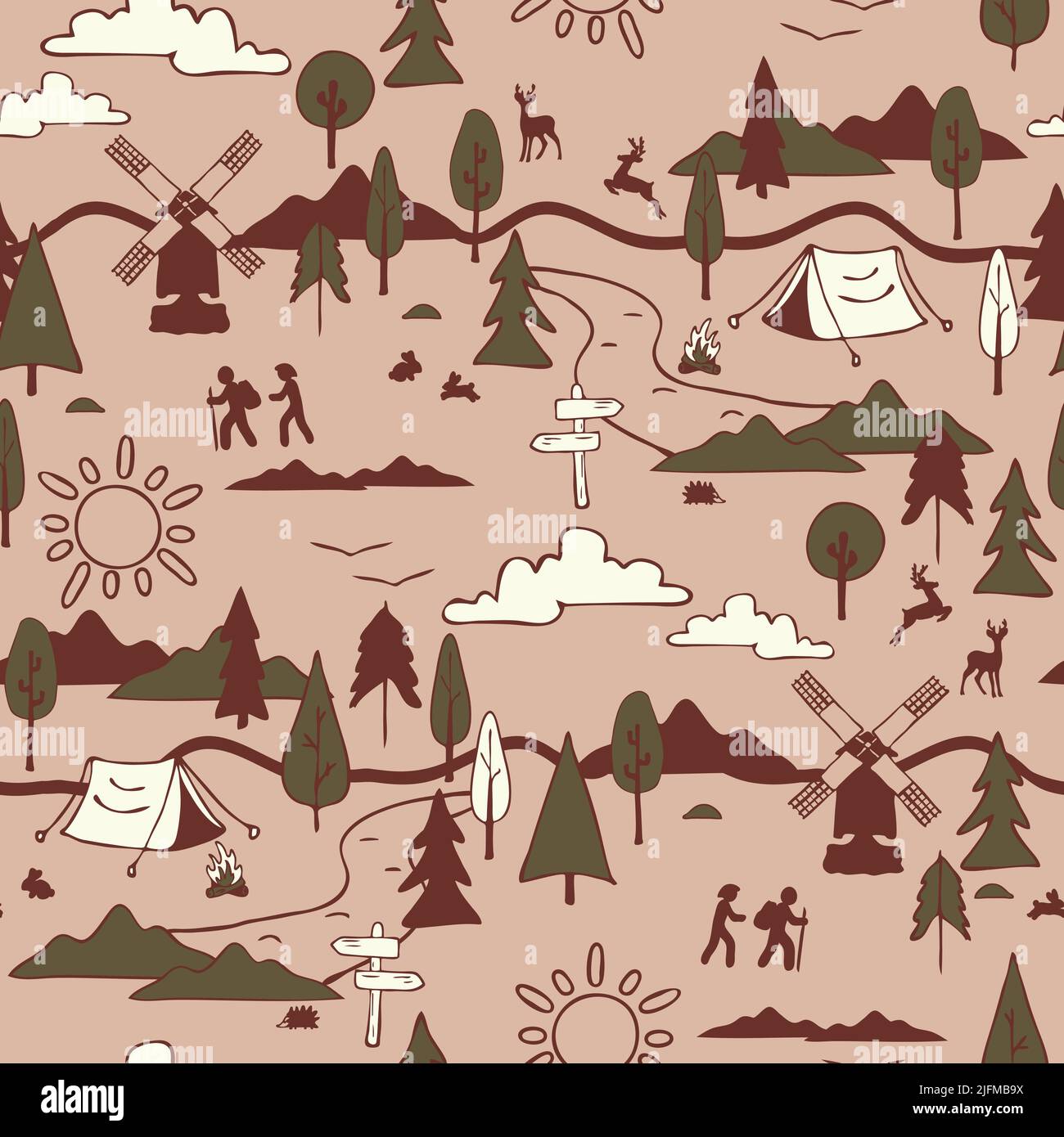 Nahtloses Vektor-Muster mit Wanderlandschaft auf beigem Hintergrund. Einfache Outdoor-Tapete-Design. Dekorative Abenteuer Mode Textil. Stock Vektor