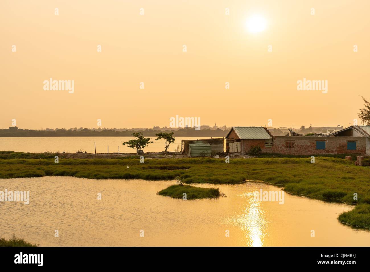 Paddy Field bei Sonnenuntergang. Asiatische Landschaft auf dem Land. Ländliche Dorflandschaft in Tainan, Taiwan. Stockfoto