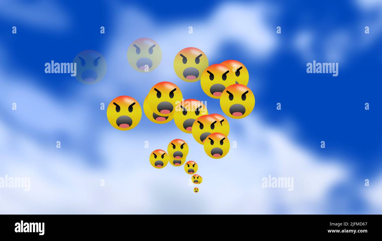 Teilen wütender Emoji-Animationen mit Cloud. Stockfoto