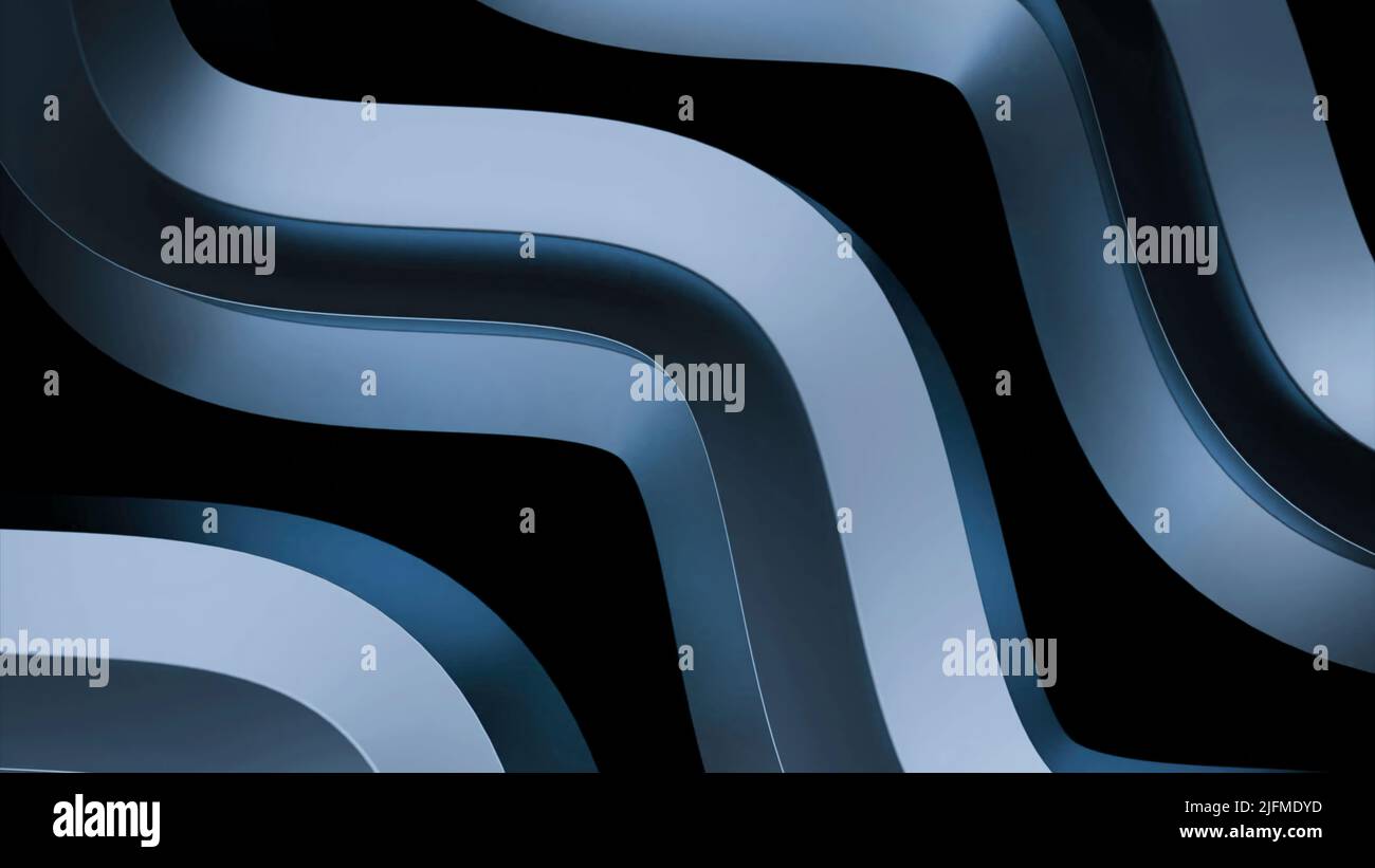 Gewellte 3D Metalllinien drehen sich. Design. Metallform aus gebogenen 3D Linien auf schwarzem Hintergrund. Geschwungene Metalllinien drehen sich mit Textur und Glanz Stockfoto