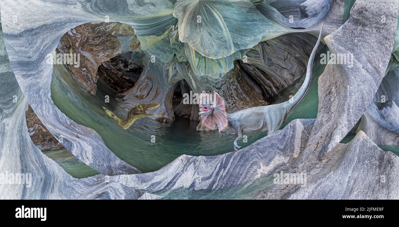 Fantasy-Bild, Dinosaurier in Felshöhle Stockfoto