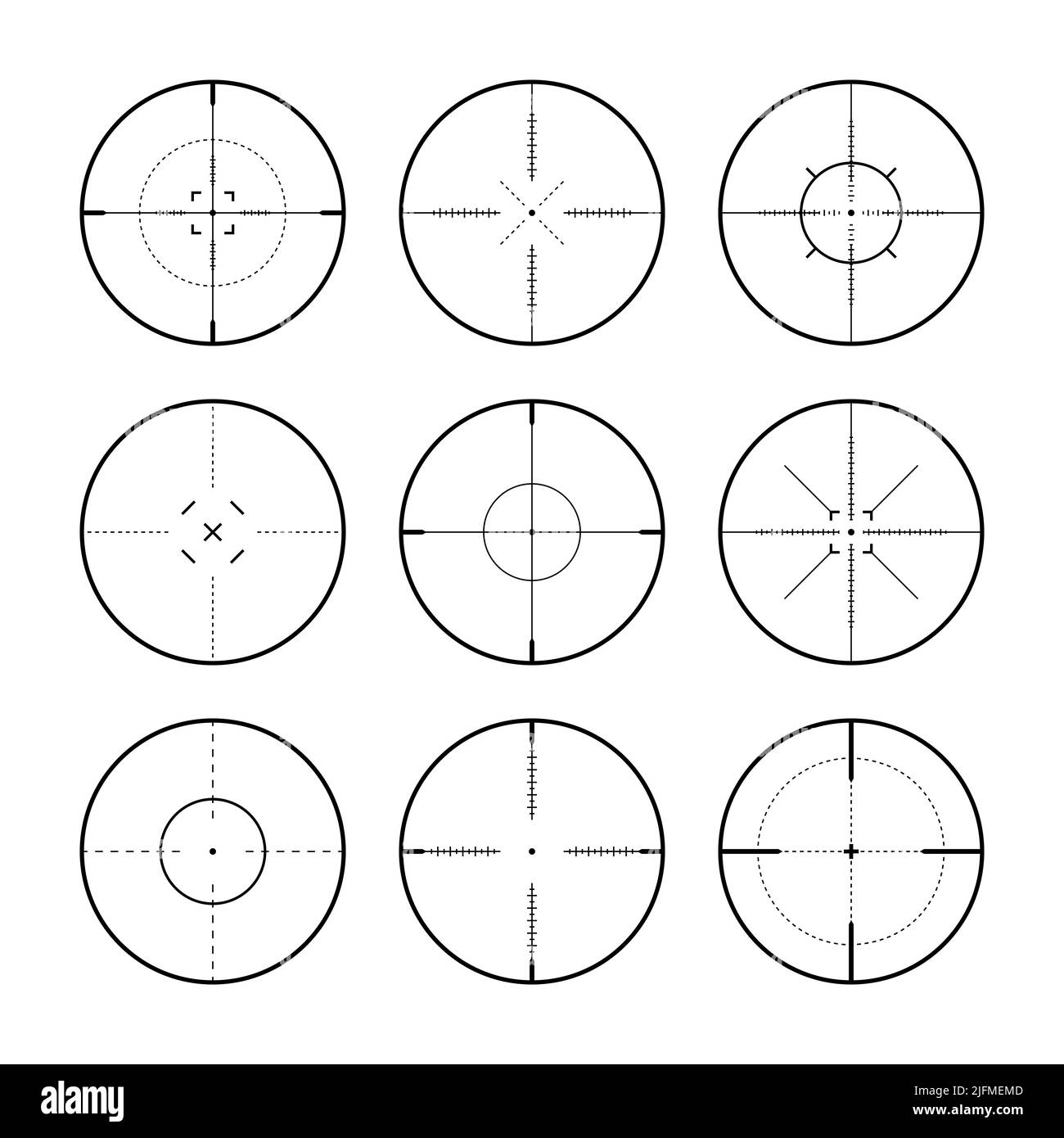 Verschiedene Scharfschützengewehr Visiere, Waffe optischen Scope Fadenkreuz. Sucher für Jagdwaffen. Symbol für das Aufschießzeichen, zielen. Militärisches Zielschild. Spieloberfläche Stock Vektor